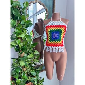 1970s Vintage Crochet Granny Square Rainbow Crop Top